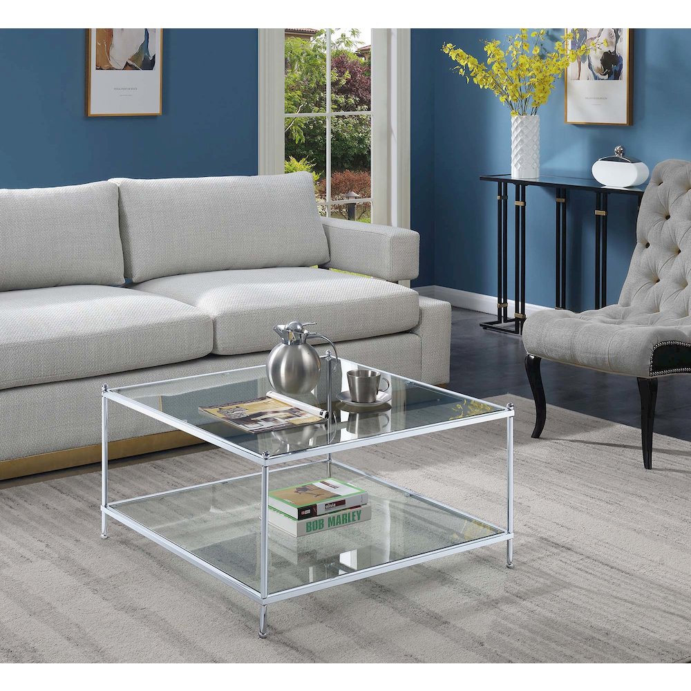 Royal Crest 2 Tier Square Glass Coffee Table, Clear Glass/Chrome Frame. Picture 2