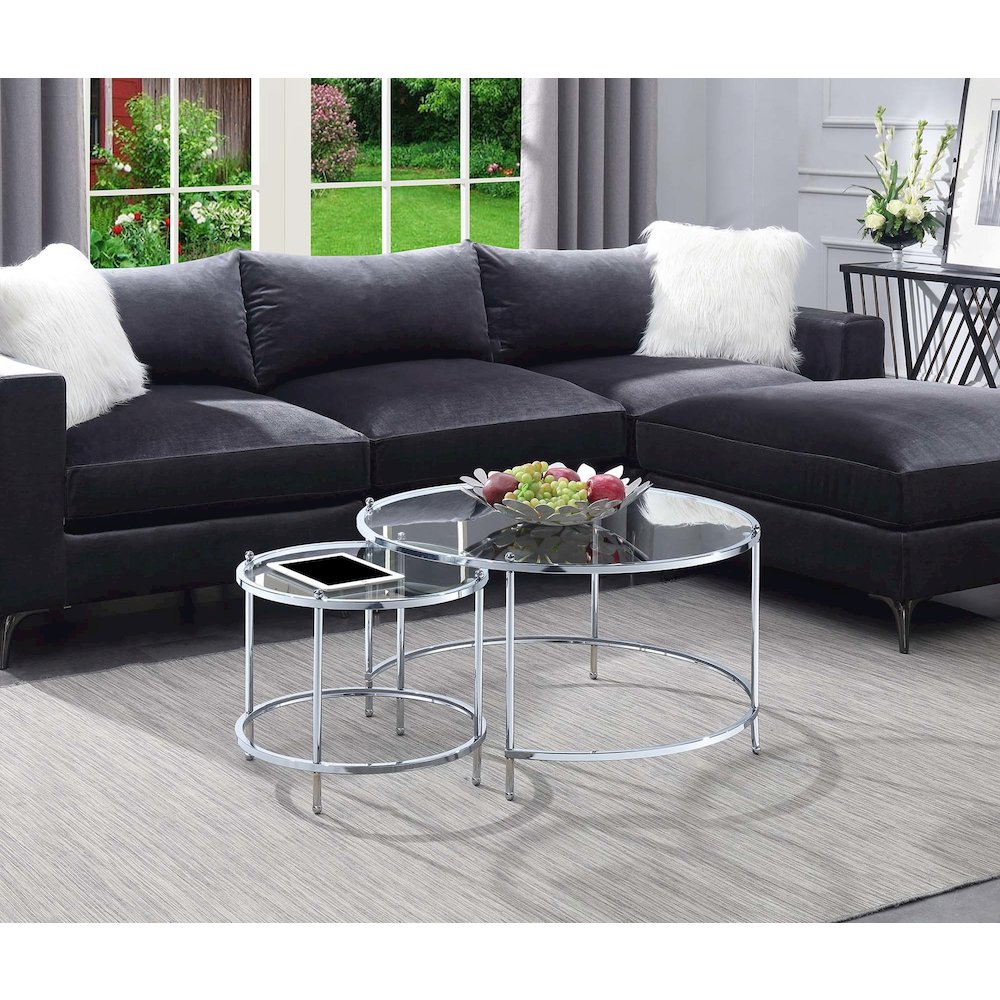 Royal Crest Nesting Round Glass Coffee Tables, Clear Glass/Chrome Frame. Picture 2