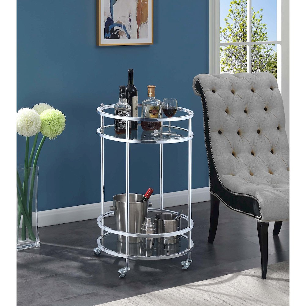 Royal Crest 2 Tier Round Glass Bar Cart. Picture 2