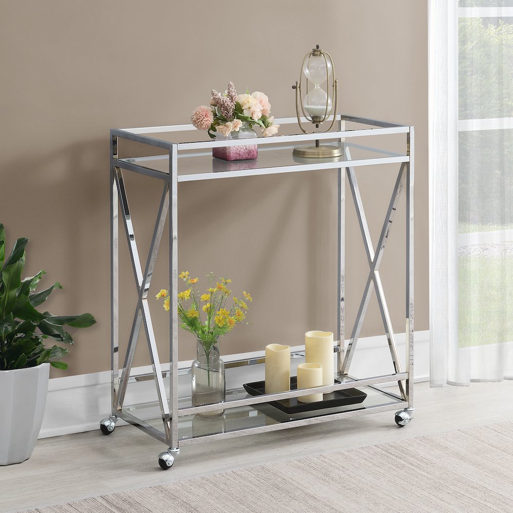 Oxford Chrome Glass Bar Cart with Shelf. Picture 5