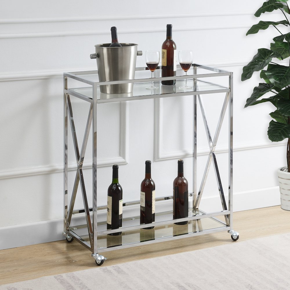 Oxford Chrome Glass Bar Cart with Shelf. Picture 2