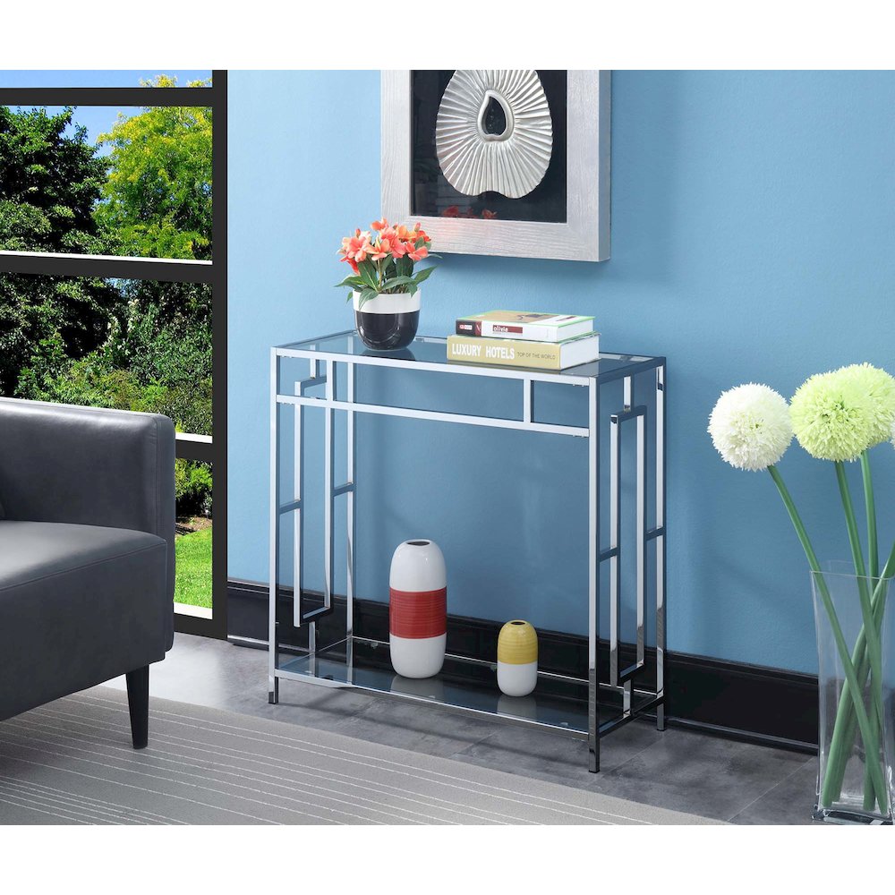 Town Square Chrome Glass Entryway Hall Table with Shelf. Picture 2
