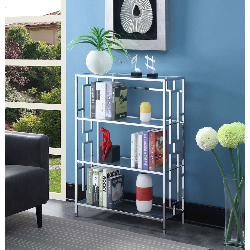 Town Square Chrome 4 Tier Bookcase, Clear Glass/Chrome Frame. Picture 2