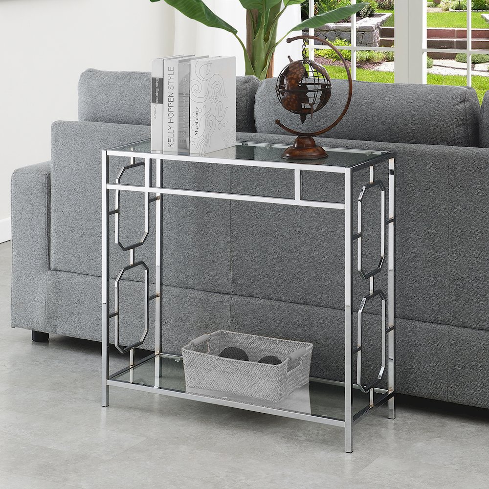 Omega Chrome Glass Hall Table with Shelf. Picture 2