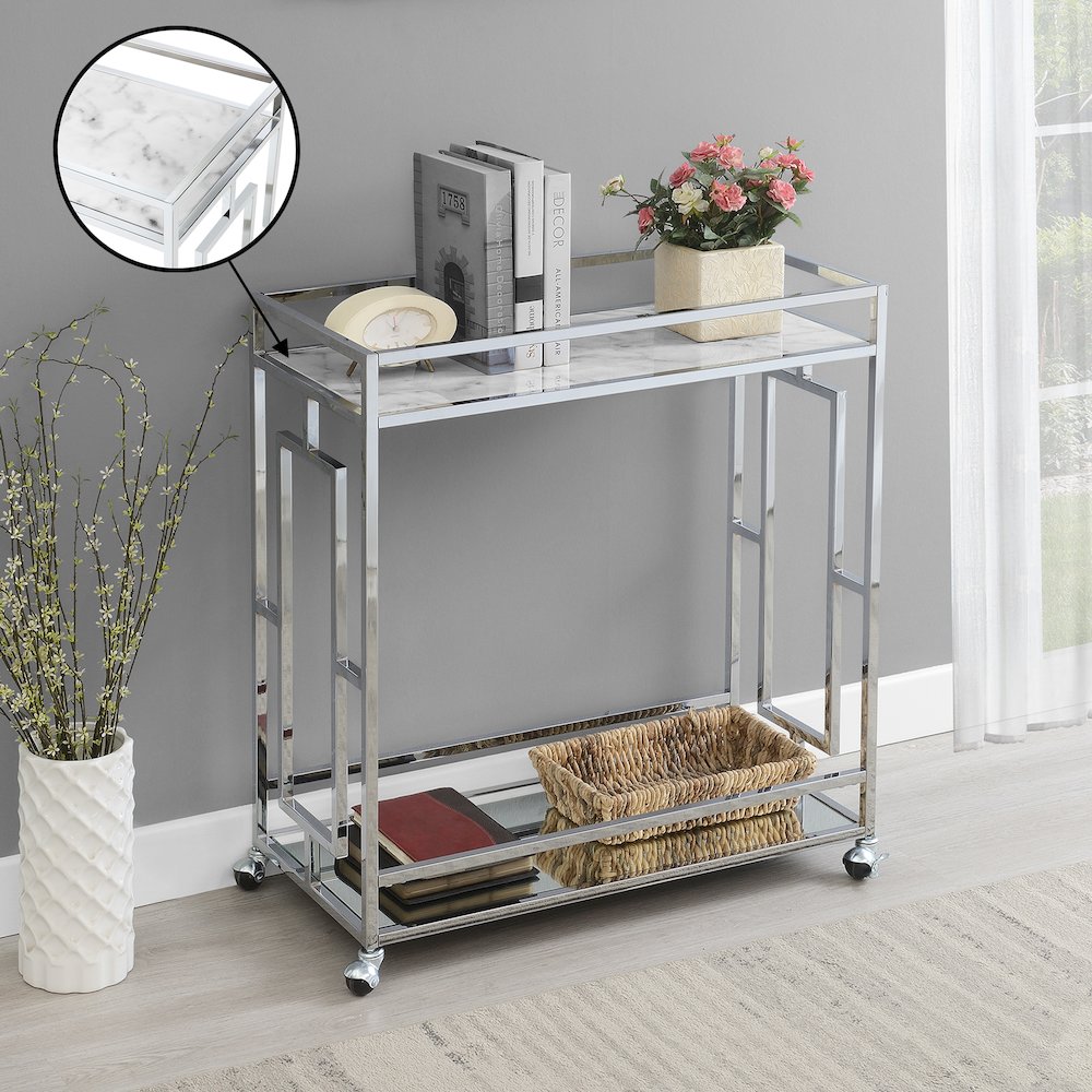 Town Square Chrome Faux Marble Mirrored Bar Cart with Shelf. Picture 4