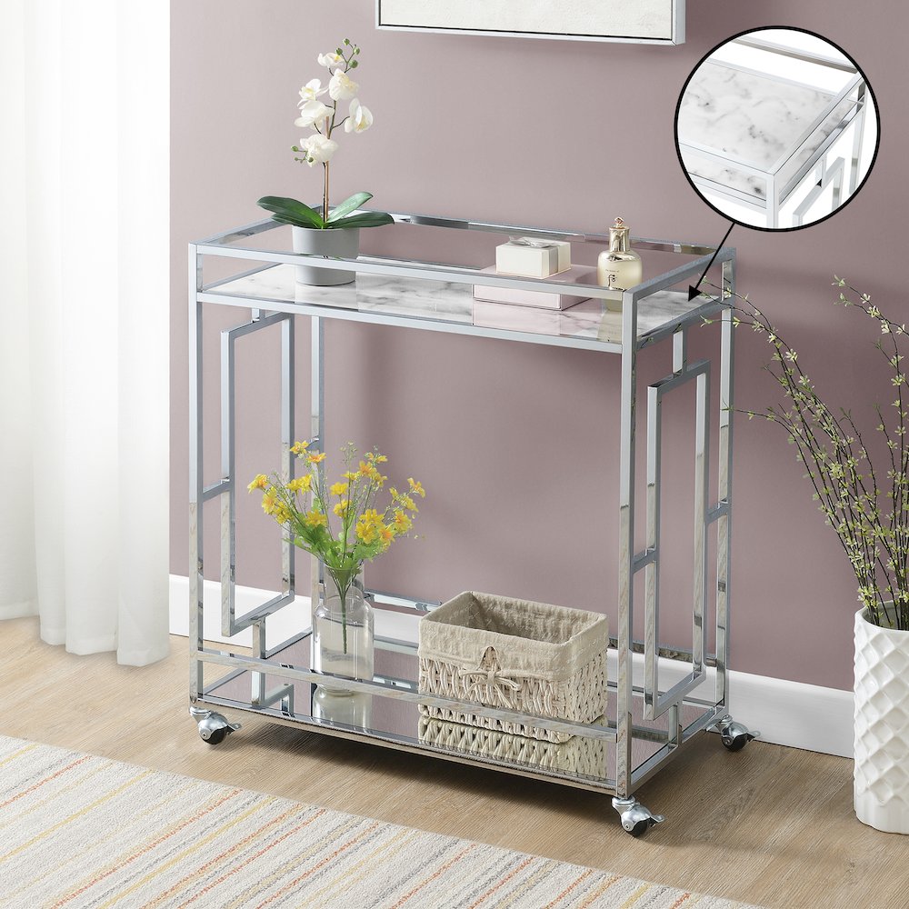 Town Square Chrome Faux Marble Mirrored Bar Cart with Shelf. Picture 5