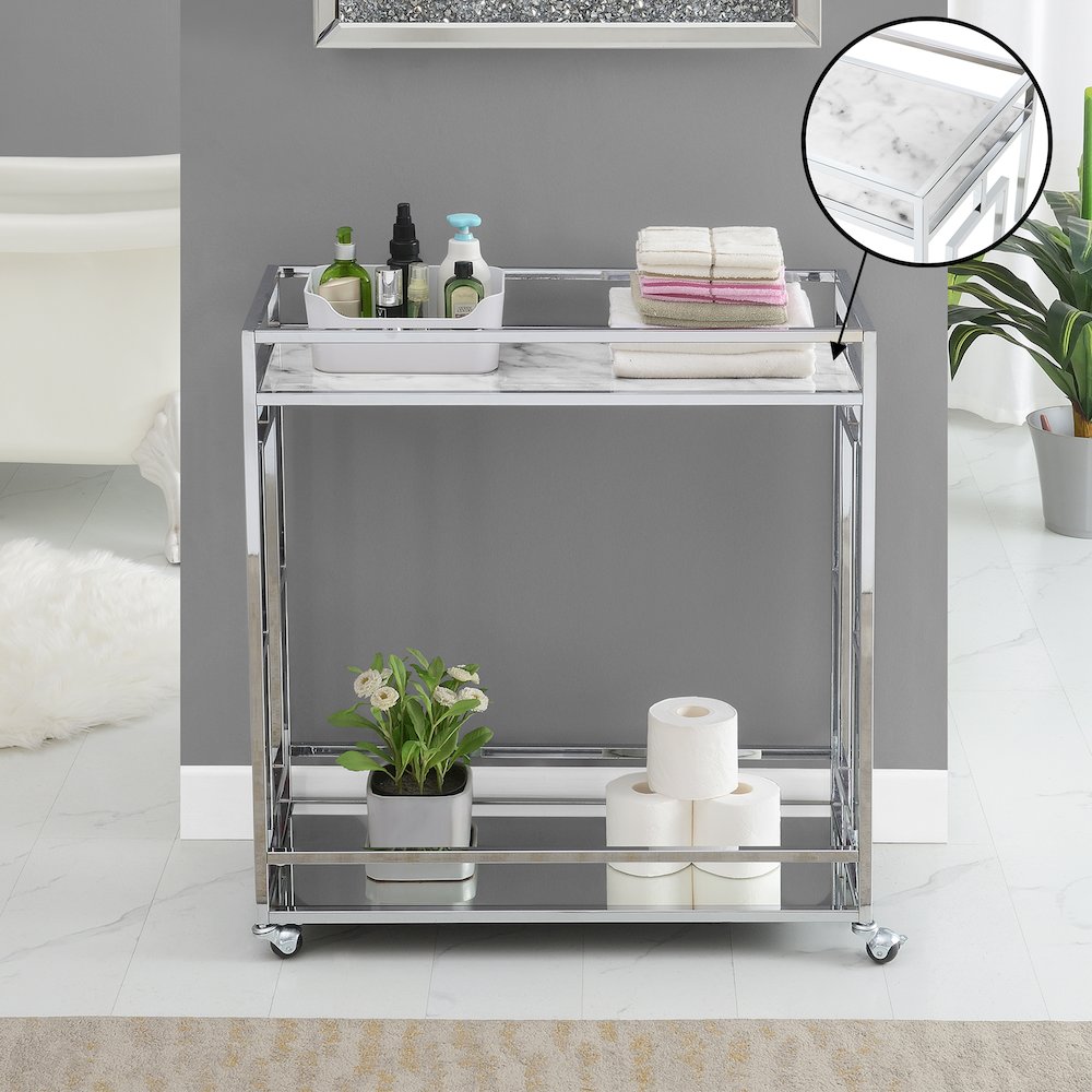 Town Square Chrome Faux Marble Mirrored Bar Cart with Shelf. Picture 6