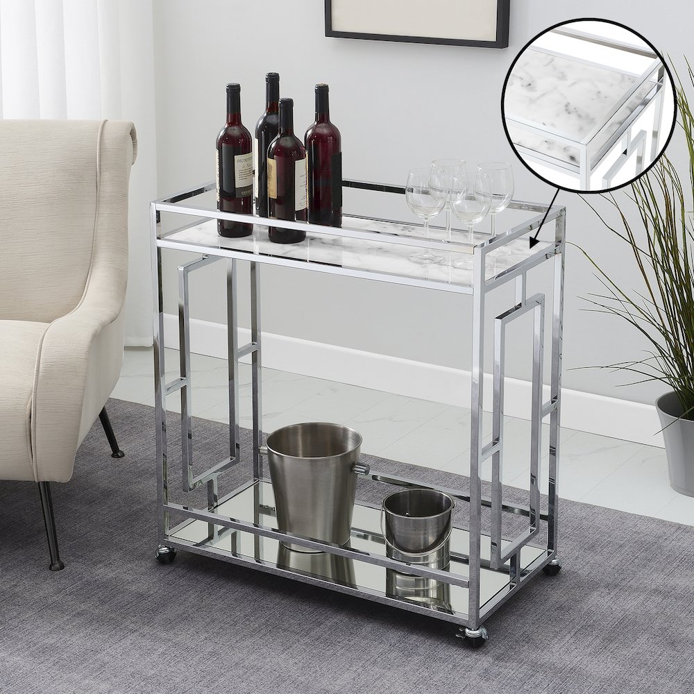 Town Square Chrome Faux Marble Mirrored Bar Cart with Shelf. Picture 2