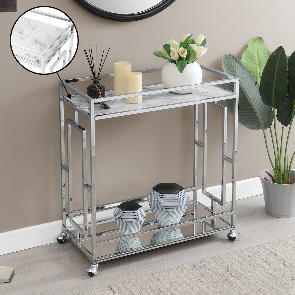 Town Square Chrome Faux Marble Mirrored Bar Cart with Shelf. Picture 7