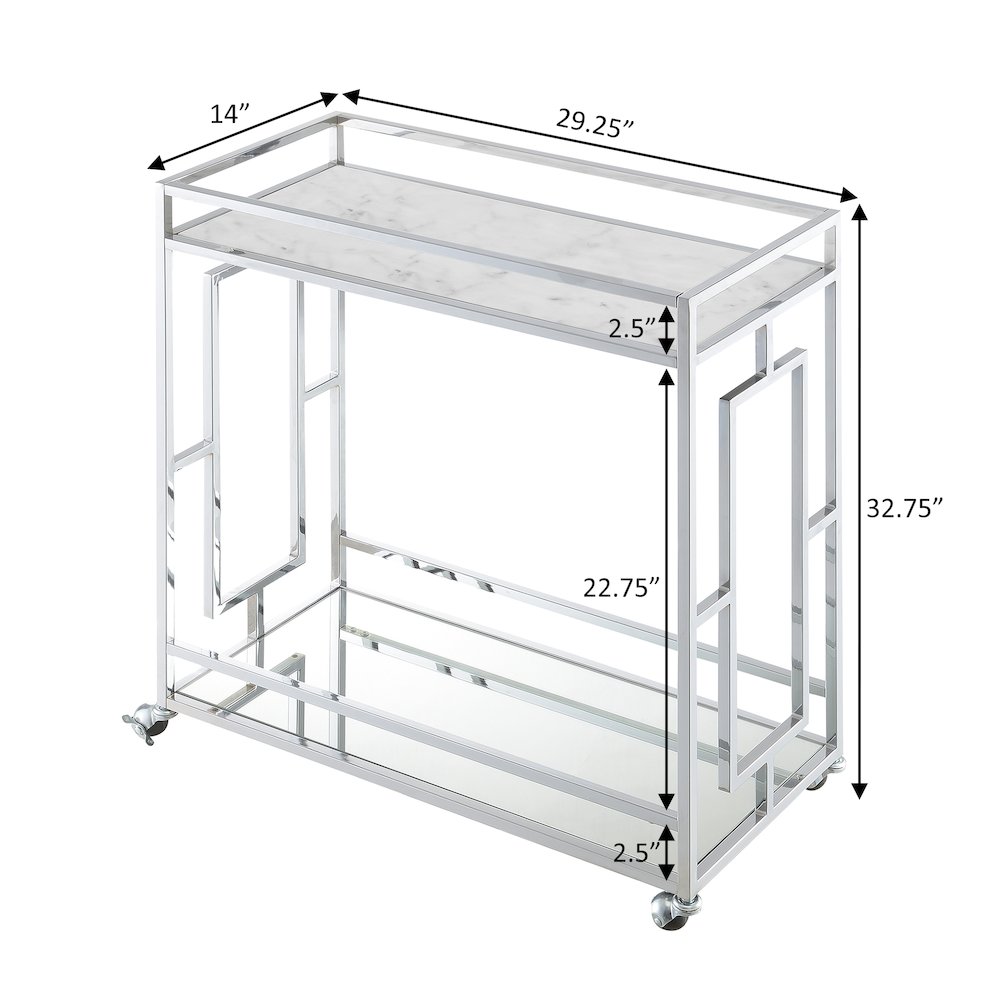 Town Square Chrome Faux Marble Mirrored Bar Cart with Shelf. Picture 10