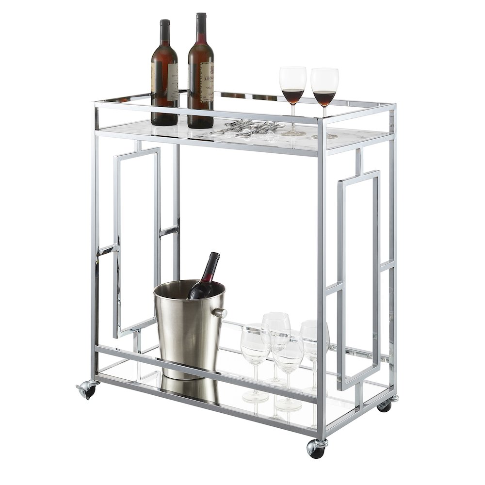Town Square Chrome Faux Marble Mirrored Bar Cart with Shelf. Picture 3