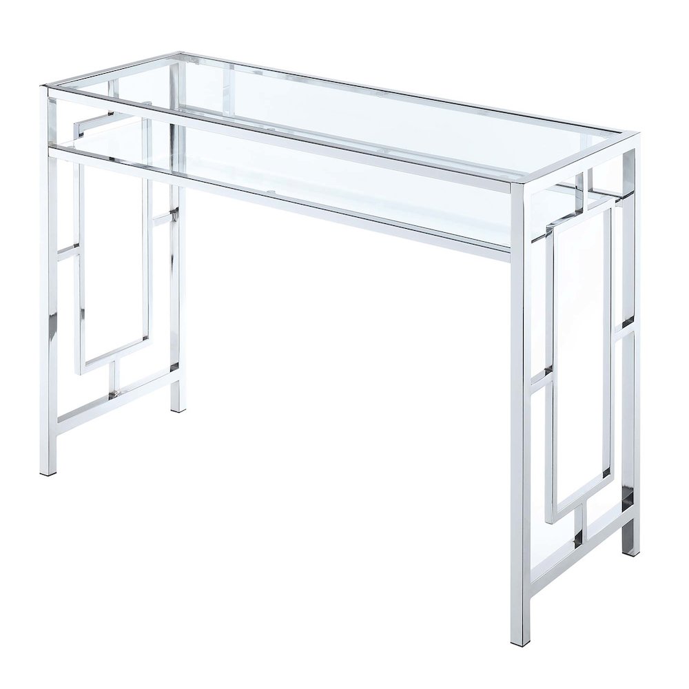 Town Square Chrome Desk With Shelf, Clear Glass/Chrome Frame. Picture 1