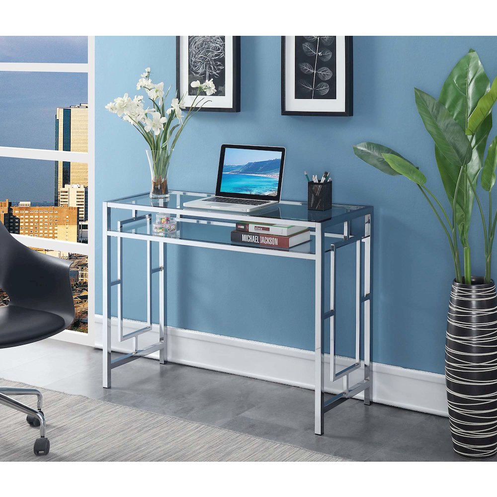 Town Square Chrome Desk With Shelf, Clear Glass/Chrome Frame. Picture 2
