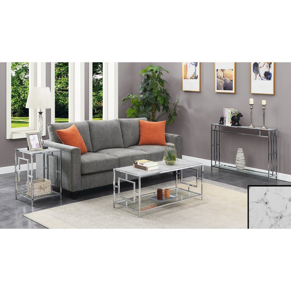 Town Square Chrome Console Table with Shelf White Faux Marble/Chrome. Picture 6
