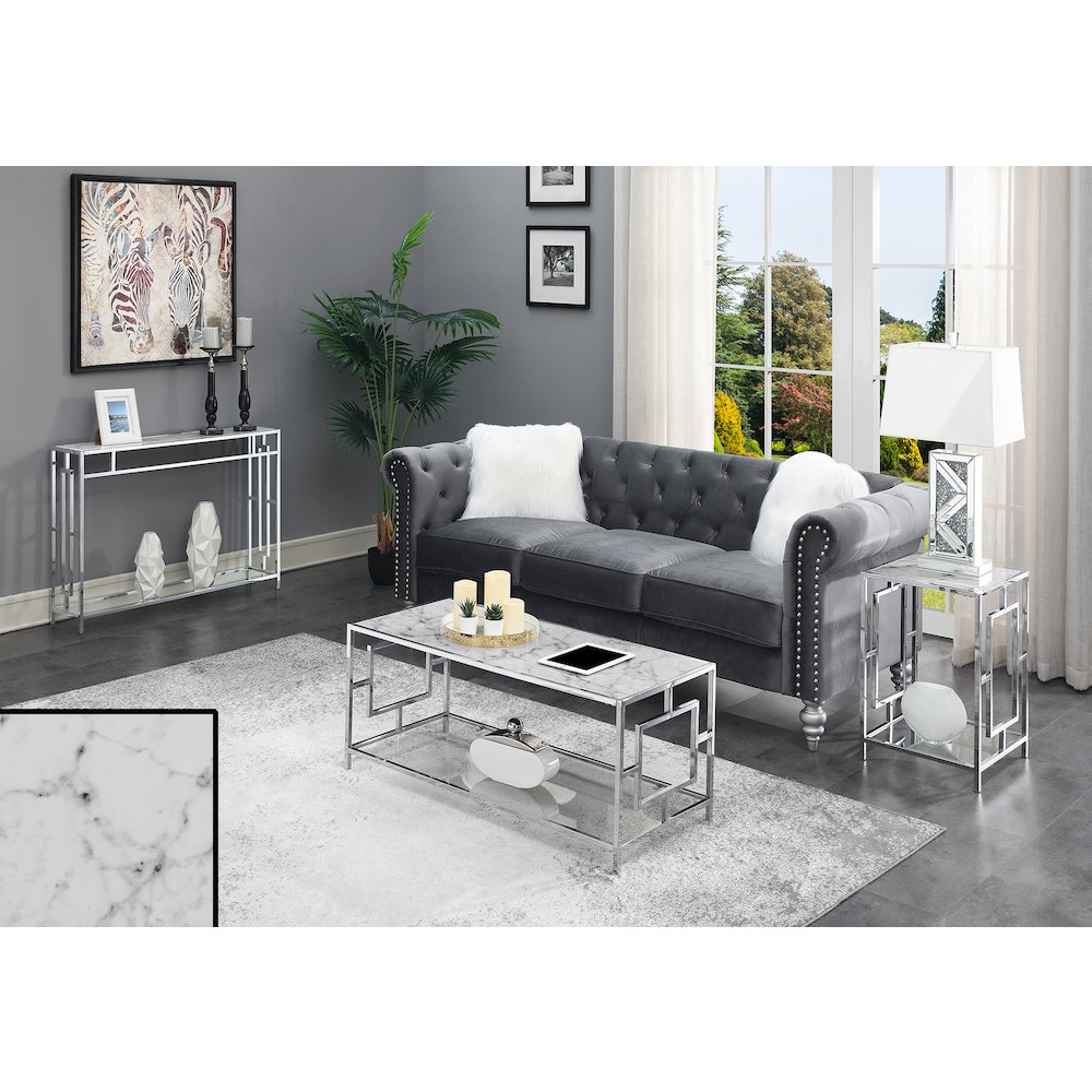 Town Square Chrome Console Table with Shelf White Faux Marble/Chrome. Picture 7