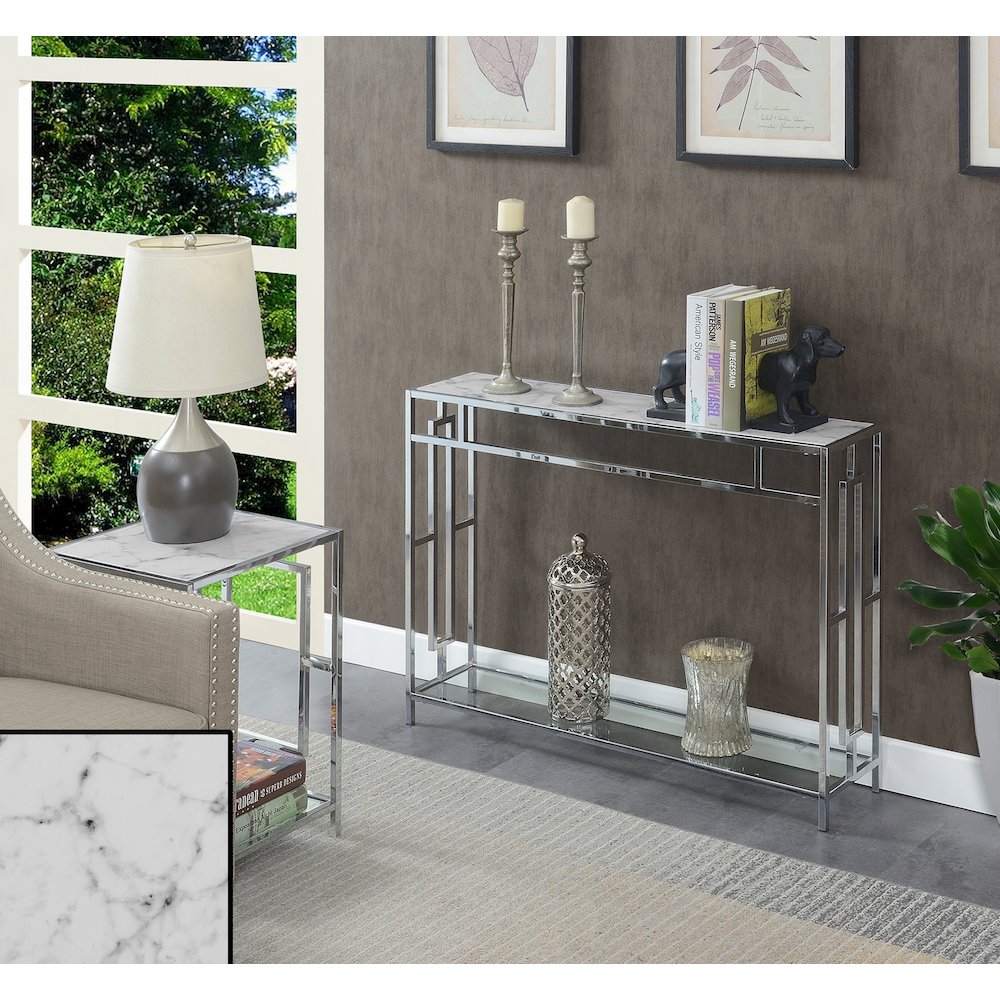 Town Square Chrome Console Table with Shelf White Faux Marble/Chrome. Picture 2