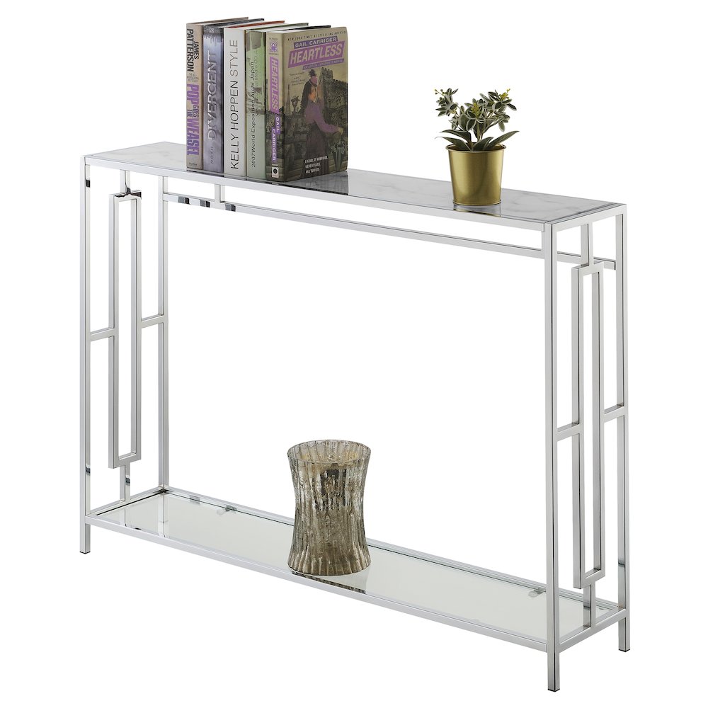 Town Square Chrome Console Table with Shelf White Faux Marble/Chrome. Picture 3