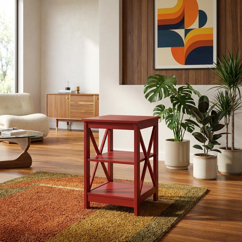 Cranberry Red End Table with Shelves and Transitional Style. Picture 3