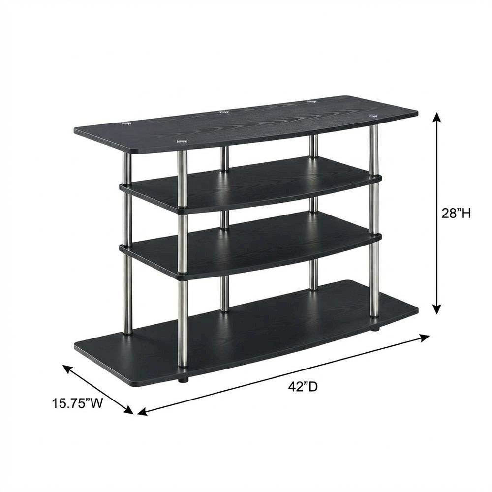 Black No Tools Wide Highboy TV Stand, Particle Board Shelves, Steel Poles. Picture 7