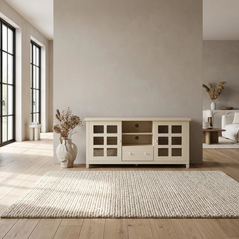 Beige Wooden TV Stand with Storage Cabinets and Shelves for Up to 65-Inch TVs. Picture 3