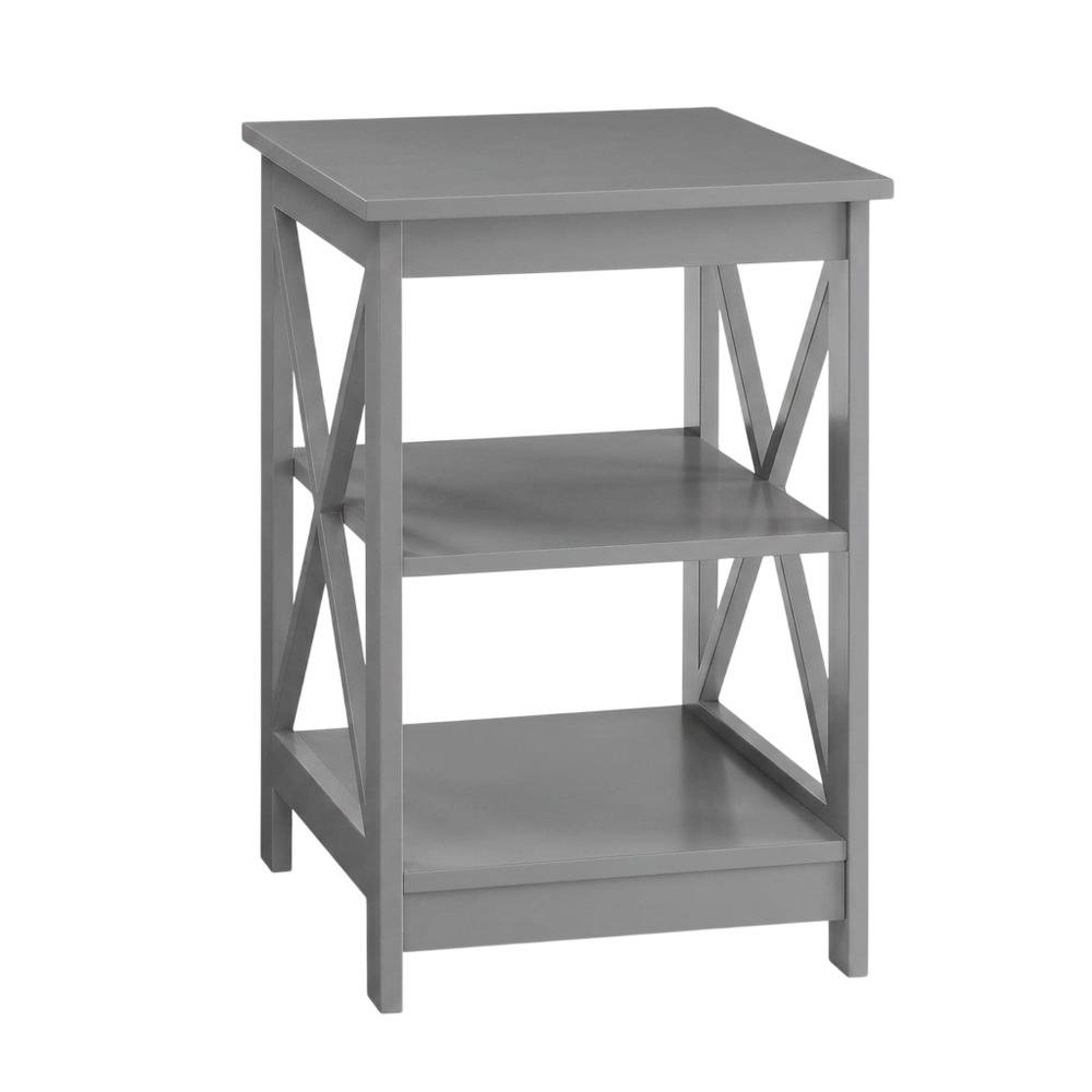 Gray end table with storage shelves in transitional coastal style. Picture 1