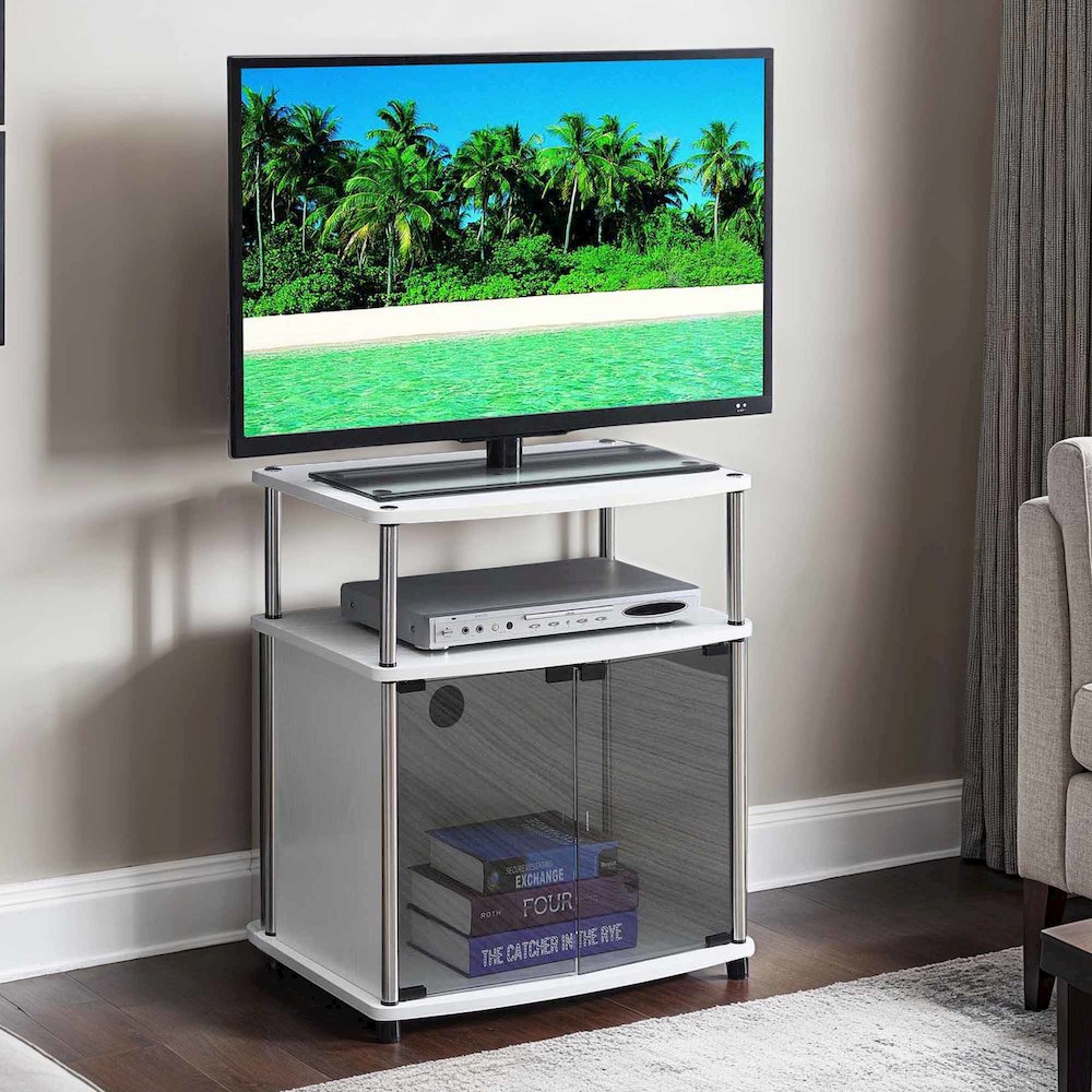 Designs2Go TV Stand with Black Glass Storage Cabinet, Shelf, TVs up to 26 Inches. Picture 4