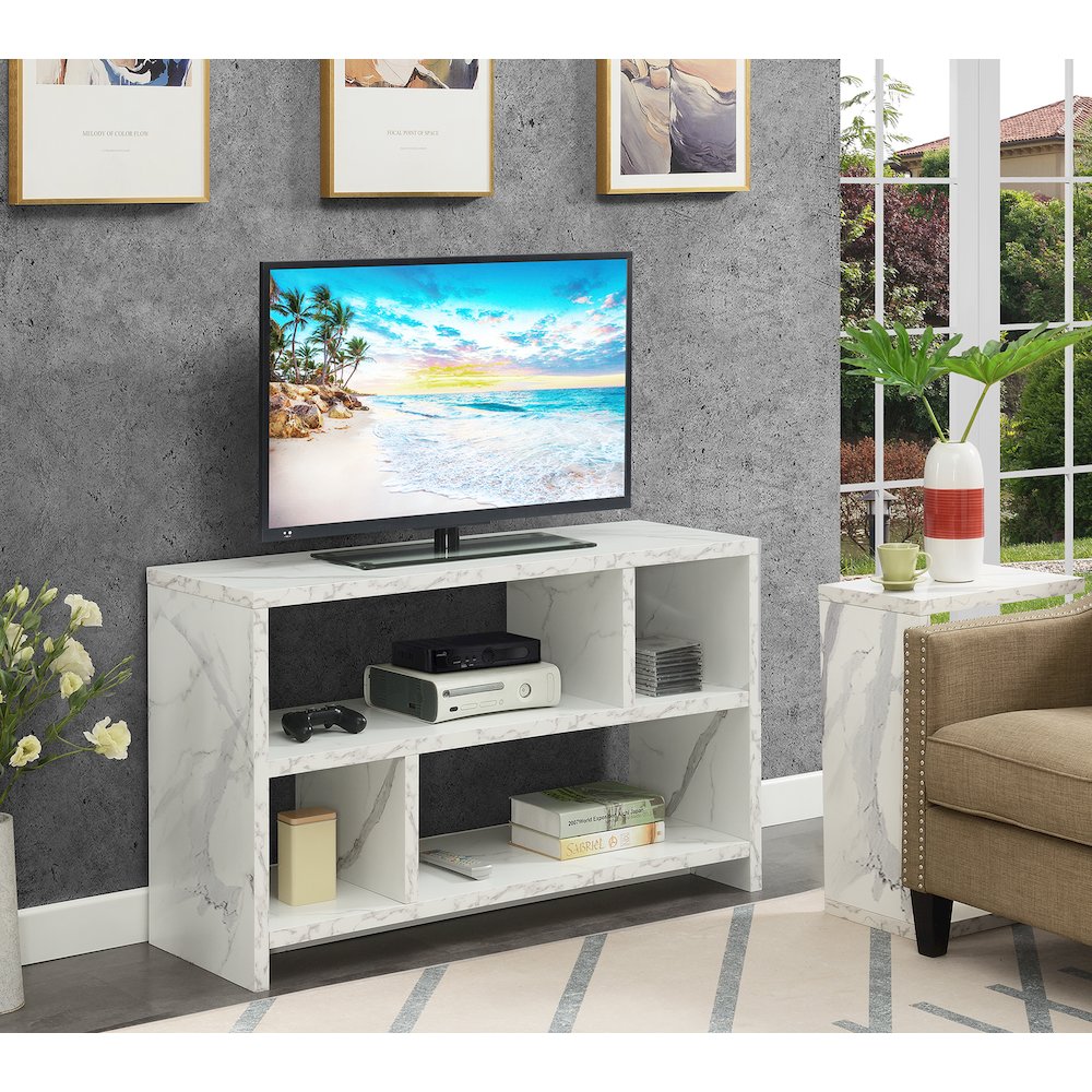 Northfield TV Stand Console with Shelves, White Faux Marble. Picture 2