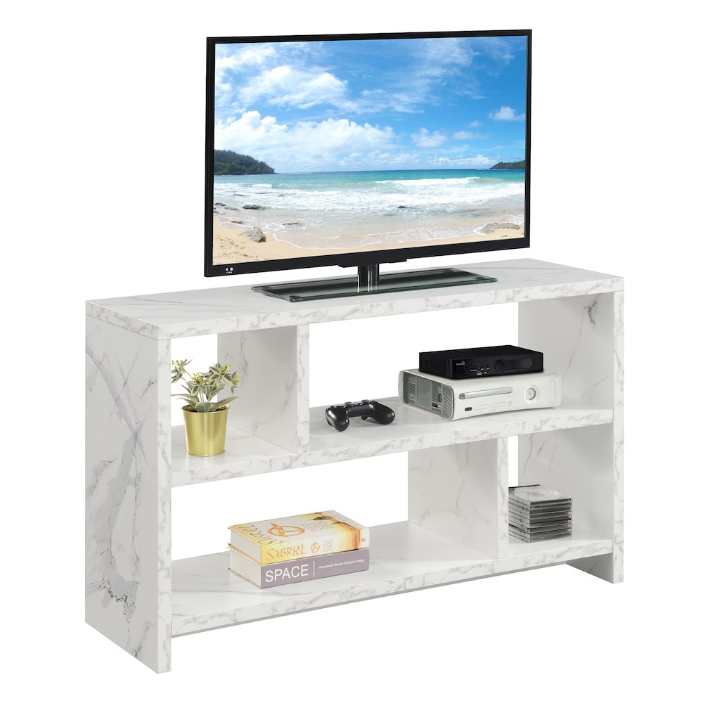 Northfield TV Stand Console with Shelves, White Faux Marble. Picture 3