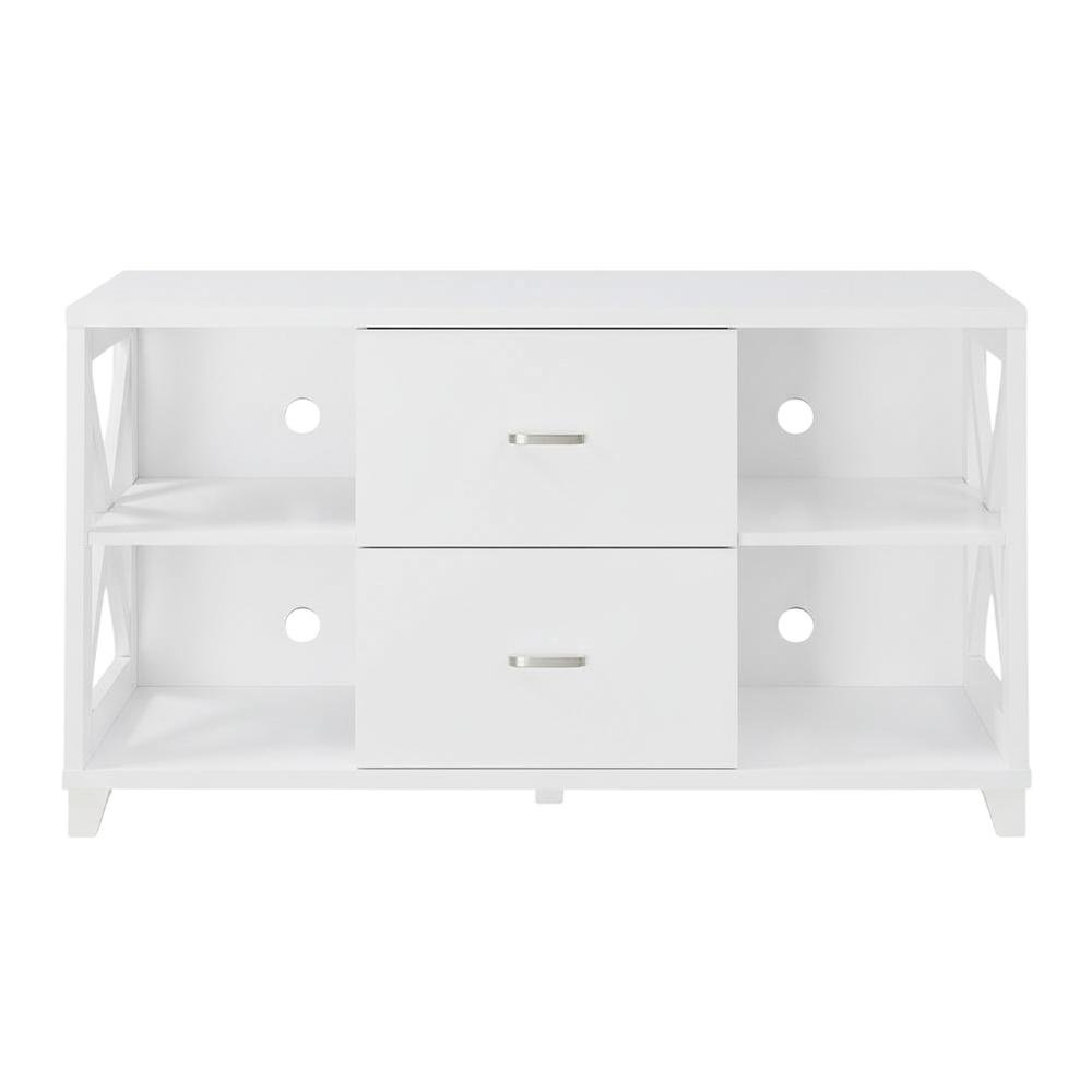 White Oxford Deluxe TV Stand, 2 Drawers, Shelves, Up to 55-Inch Screens. Picture 4