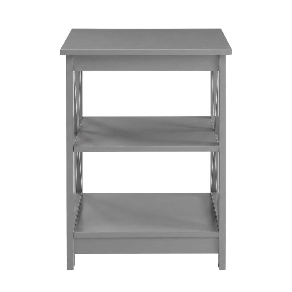 Gray end table with storage shelves in transitional coastal style. Picture 4