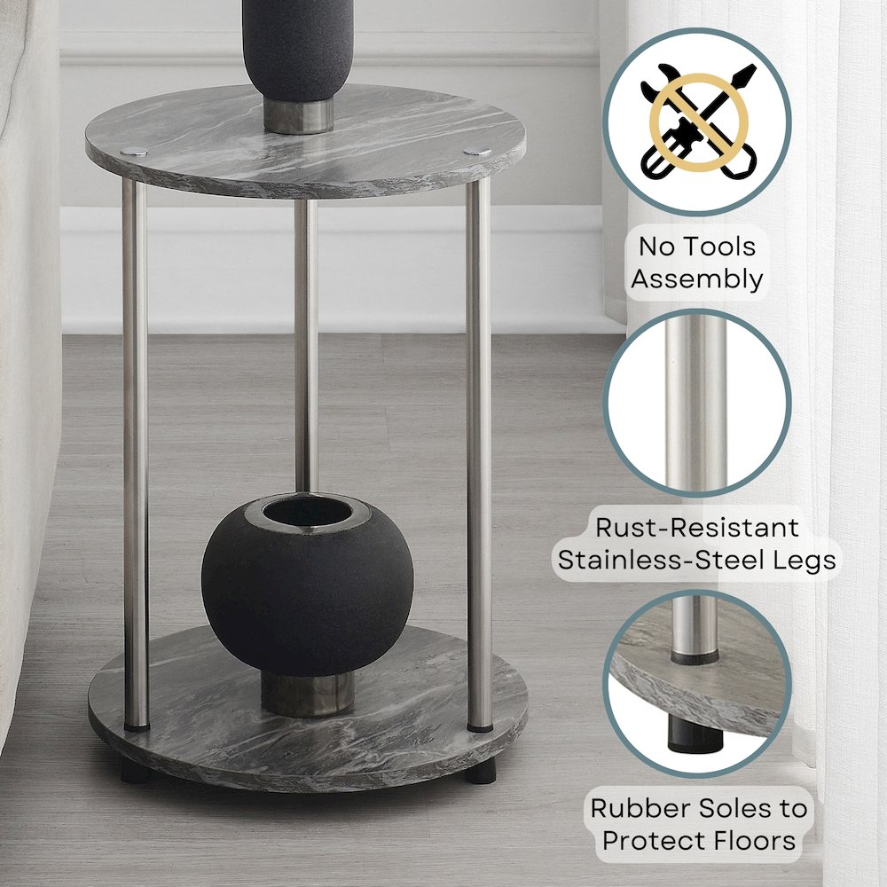 Designs2Go No Tools 2 Tier Round End Table, Faux Gray Marble/Chrome. Picture 4