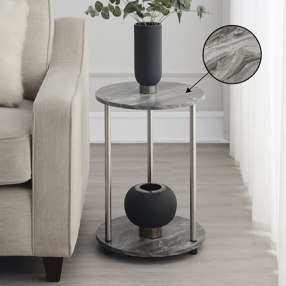 Designs2Go No Tools 2 Tier Round End Table, Faux Gray Marble/Chrome. Picture 2