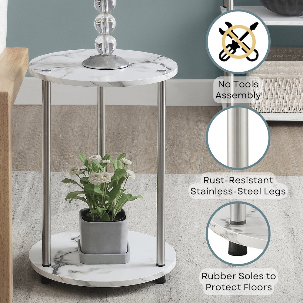 Designs2Go No Tools 2 Tier Round End Table, Faux White Marble/Chrome. Picture 4