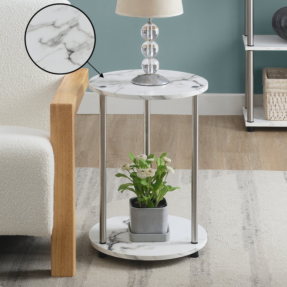 Designs2Go No Tools 2 Tier Round End Table, Faux White Marble/Chrome. Picture 2
