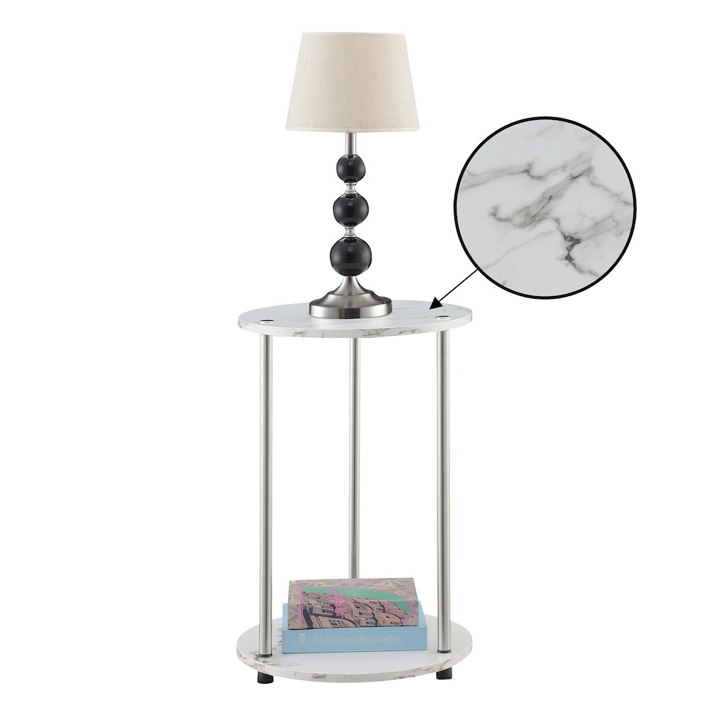 Designs2Go No Tools 2 Tier Round End Table, Faux White Marble/Chrome. Picture 3