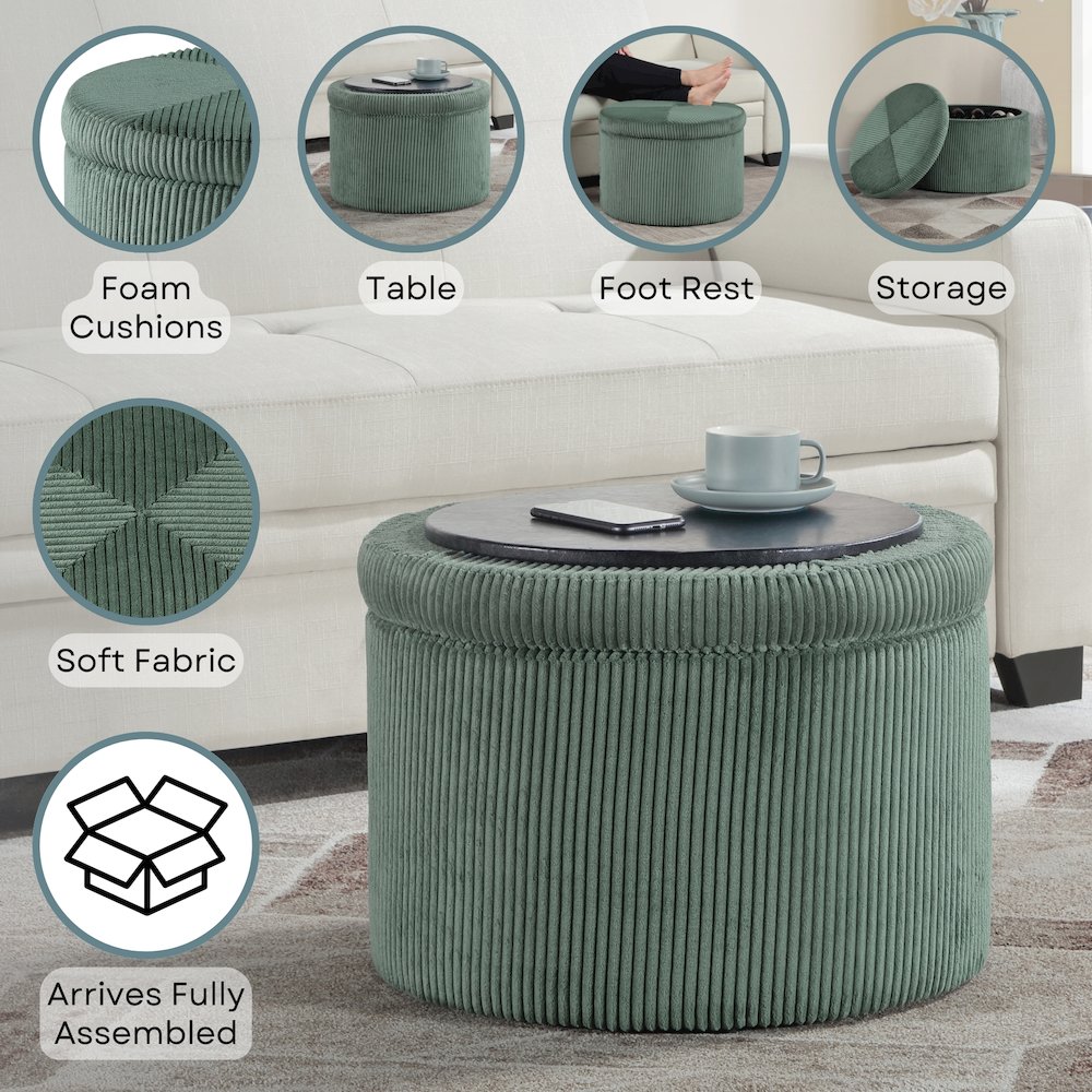 Designs4Comfort Round Corduroy Shoe Storage Ottoman with Reversible Tray Lid. Picture 3