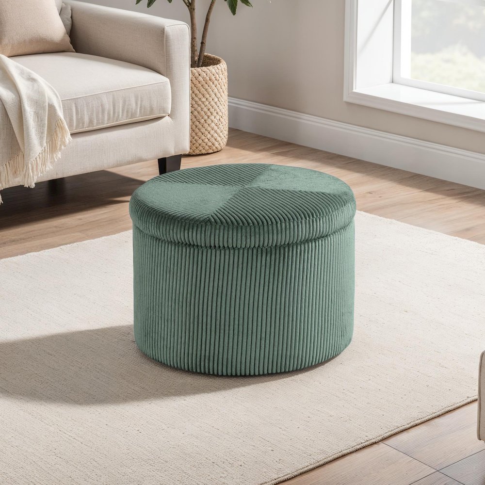 Designs4Comfort Round Corduroy Shoe Storage Ottoman with Reversible Tray Lid. Picture 2