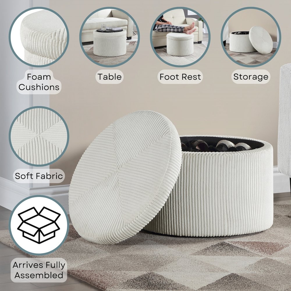 Designs4Comfort Round Corduroy Shoe Storage Ottoman with Reversible Tray Lid. Picture 3