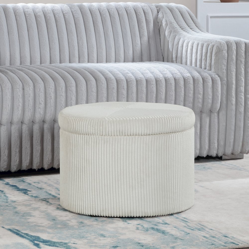 Designs4Comfort Round Corduroy Shoe Storage Ottoman with Reversible Tray Lid. Picture 2