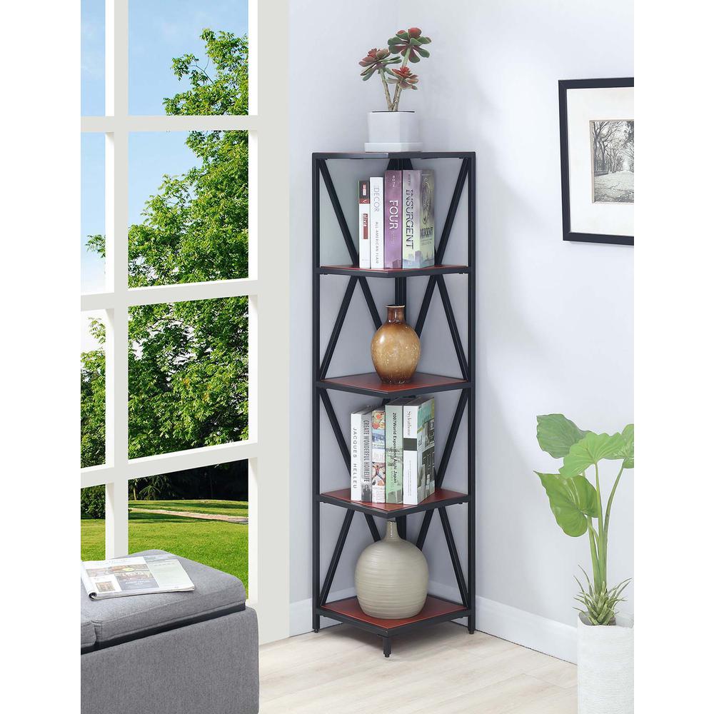 Tucson Metal 5 Tier Corner Bookcase, Cherry/Black. Picture 3