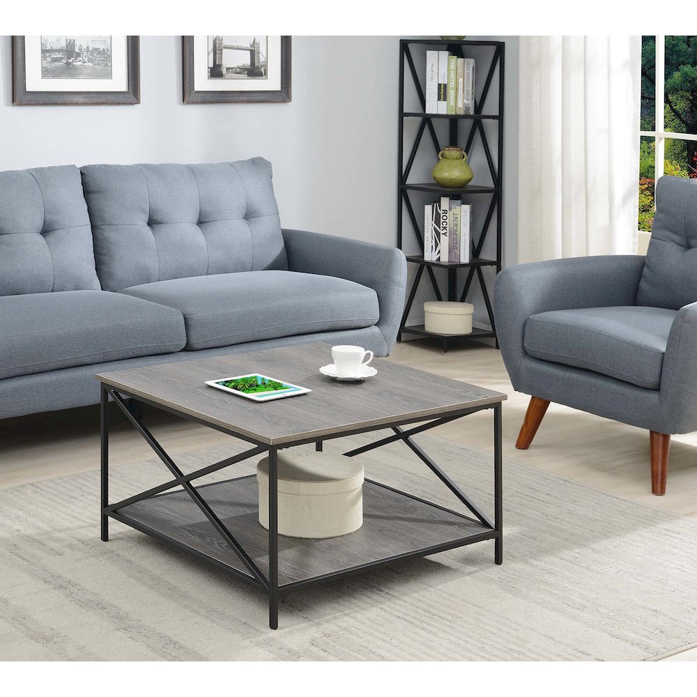 Tucson Metal Square Coffee Table with Shelf, Weathered Gray/Black. Picture 2