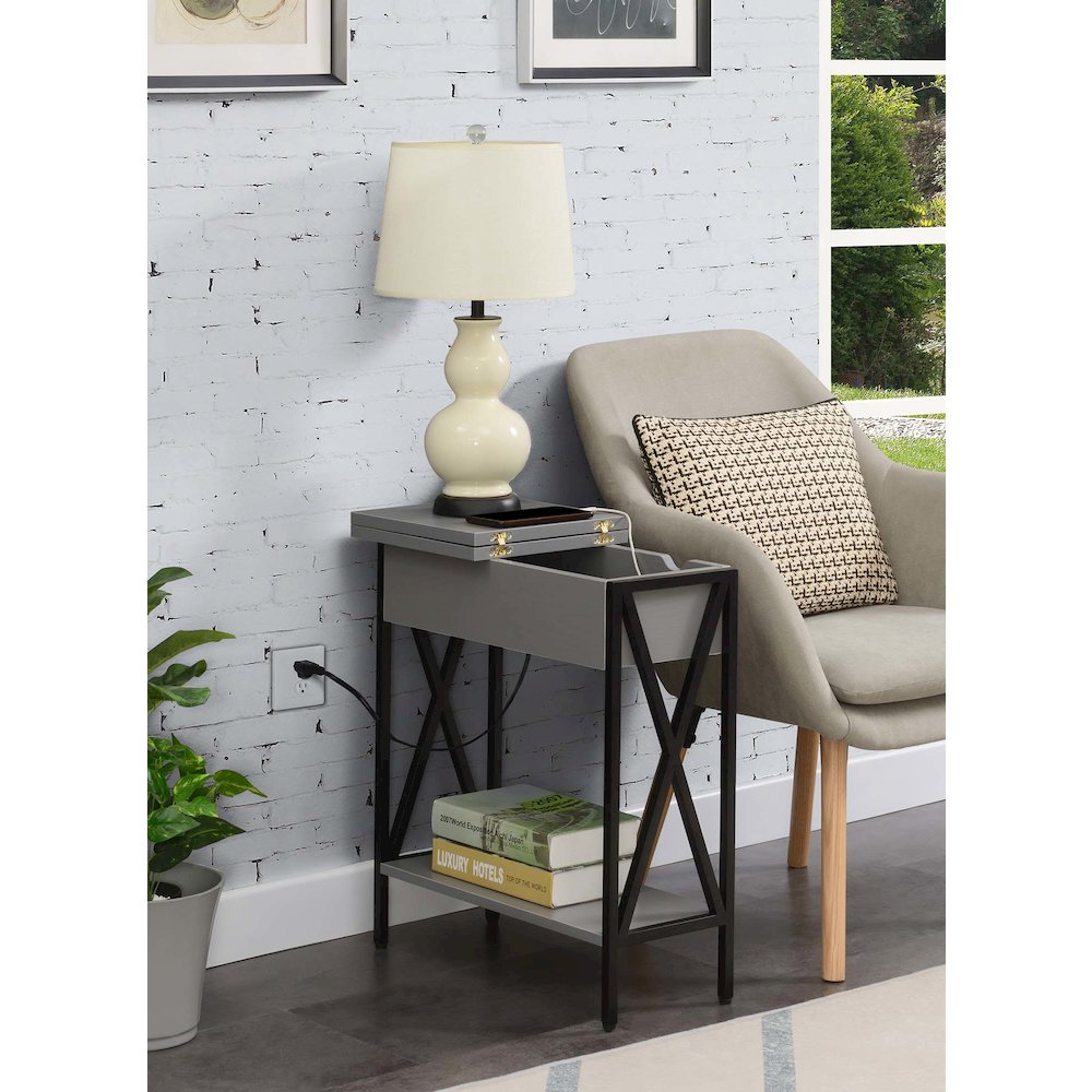 Tucson Flip Top End Table with Charging Station and Shelf in Gray/Black. Picture 7