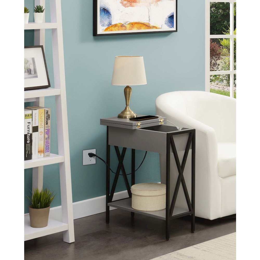 Tucson Flip Top End Table with Charging Station and Shelf in Gray/Black. Picture 8