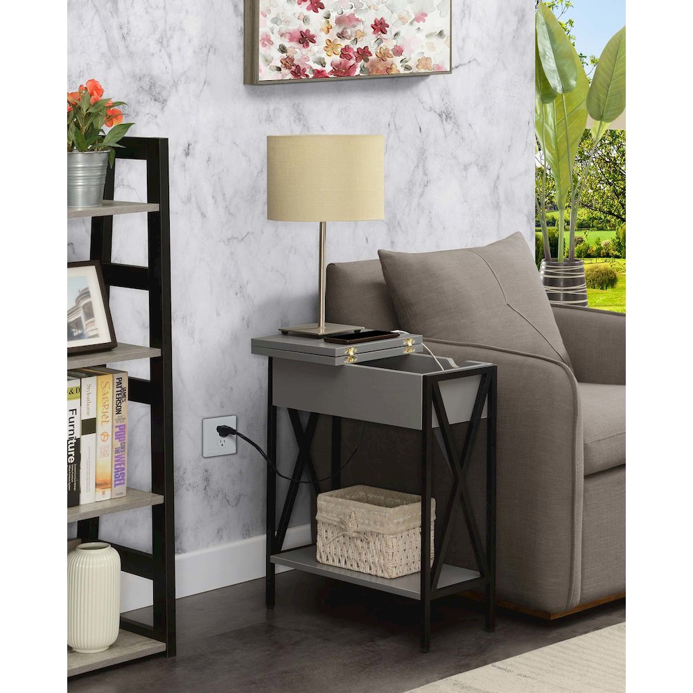 Tucson Flip Top End Table with Charging Station and Shelf in Gray/Black. Picture 9