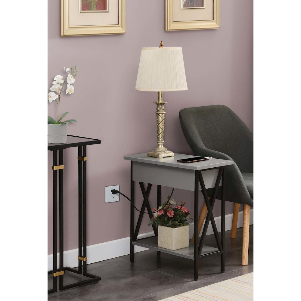 Tucson Flip Top End Table with Charging Station and Shelf in Gray/Black. Picture 2
