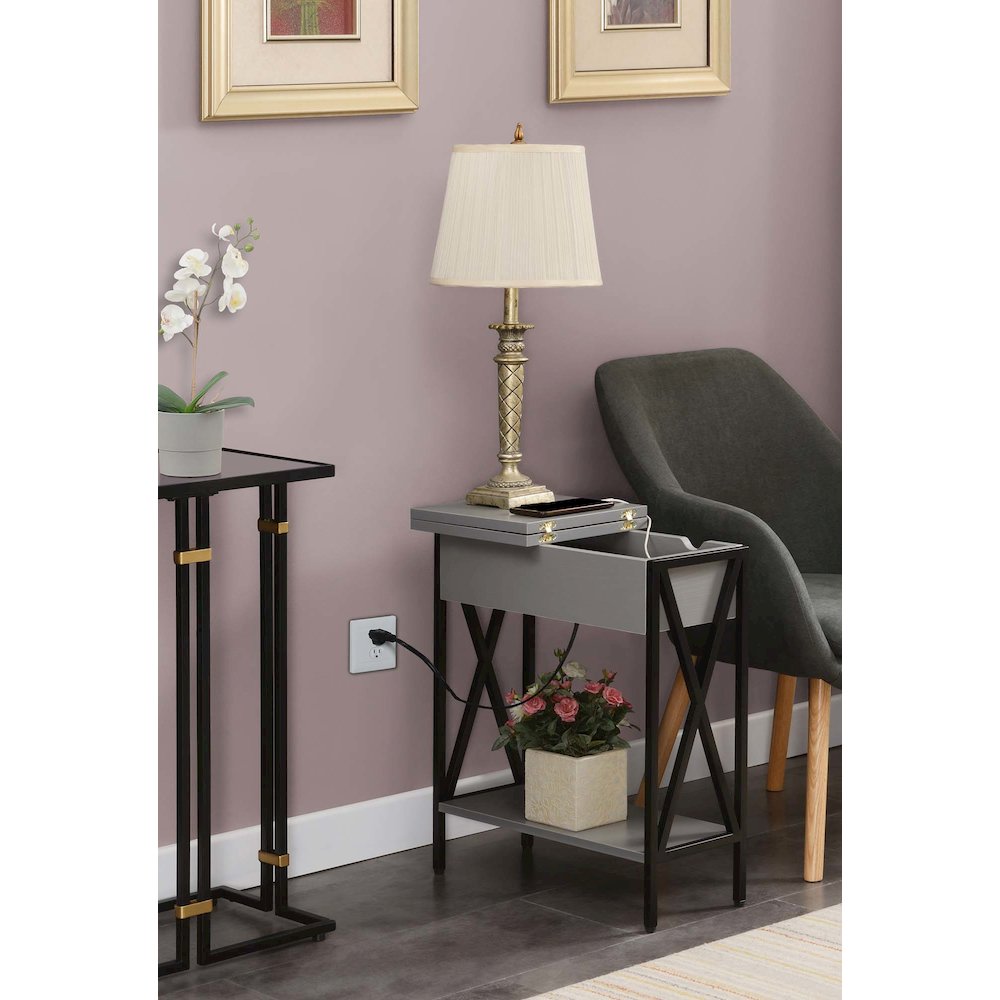 Tucson Flip Top End Table with Charging Station and Shelf in Gray/Black. Picture 10