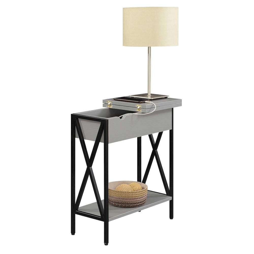 Tucson Flip Top End Table with Charging Station and Shelf in Gray/Black. Picture 3
