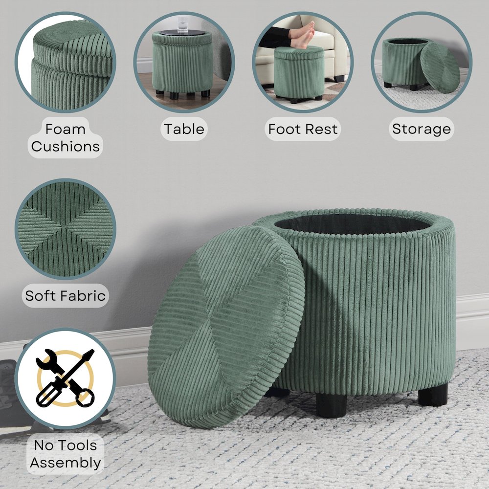 Designs4Comfort Round Corduroy Accent Storage Ottoman with Reversible Tray. Picture 3