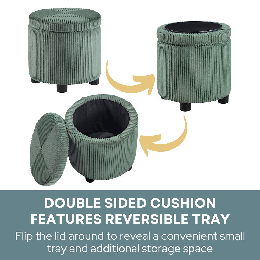 Designs4Comfort Round Corduroy Accent Storage Ottoman with Reversible Tray. Picture 4