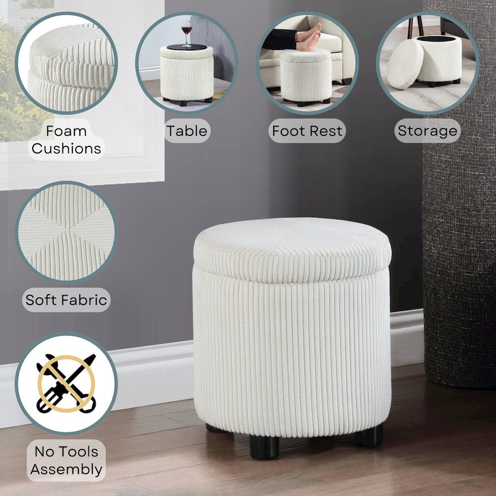 Designs4Comfort Round Corduroy Accent Storage Ottoman with Reversible Tray. Picture 3